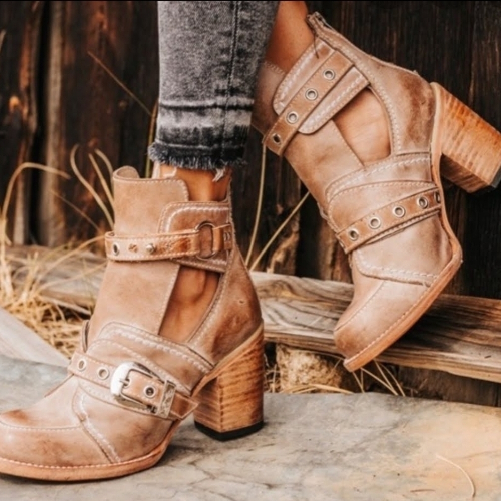 Freebird by Steven Distressed Cutout Buckle Ankle Heeled Boots in Tan